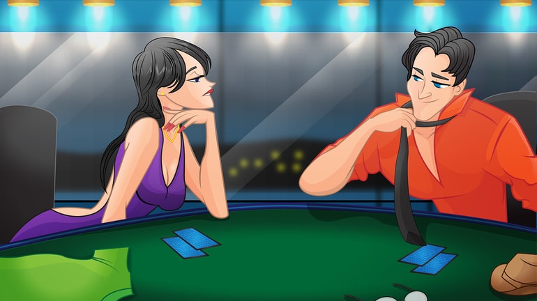 Casal flertando e jogando strip poker 