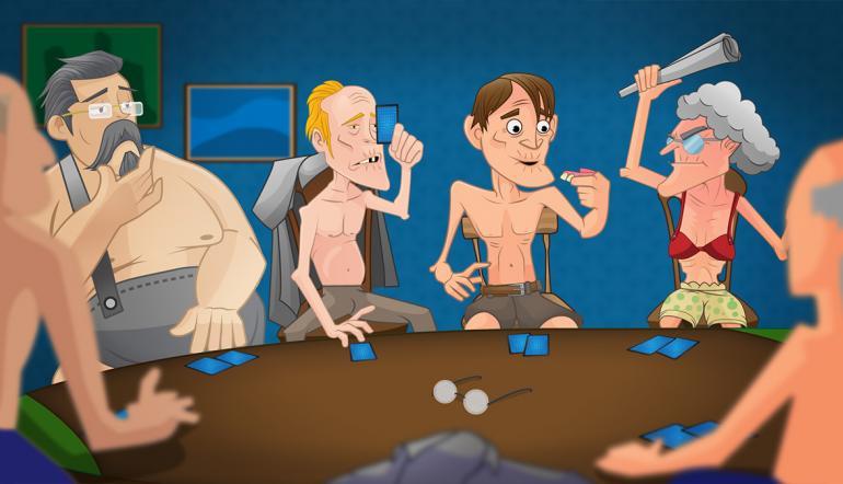 Jogo de strip poker com pessoas sem camisa sentadas ao redor de uma mesa