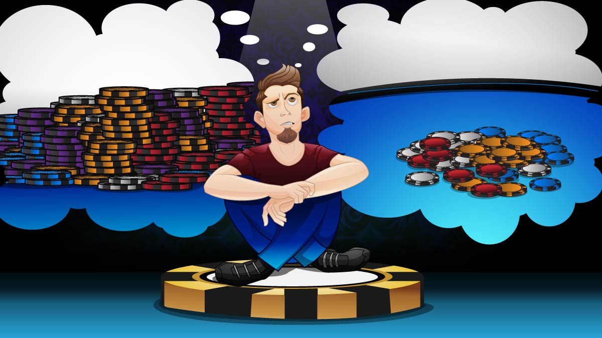 Jogador sentado no botão com dois balões de pensamento: um para um pote GRANDE com muitas fichas no meio; o outro com um pote menor e com apenas algumas fichas no meio